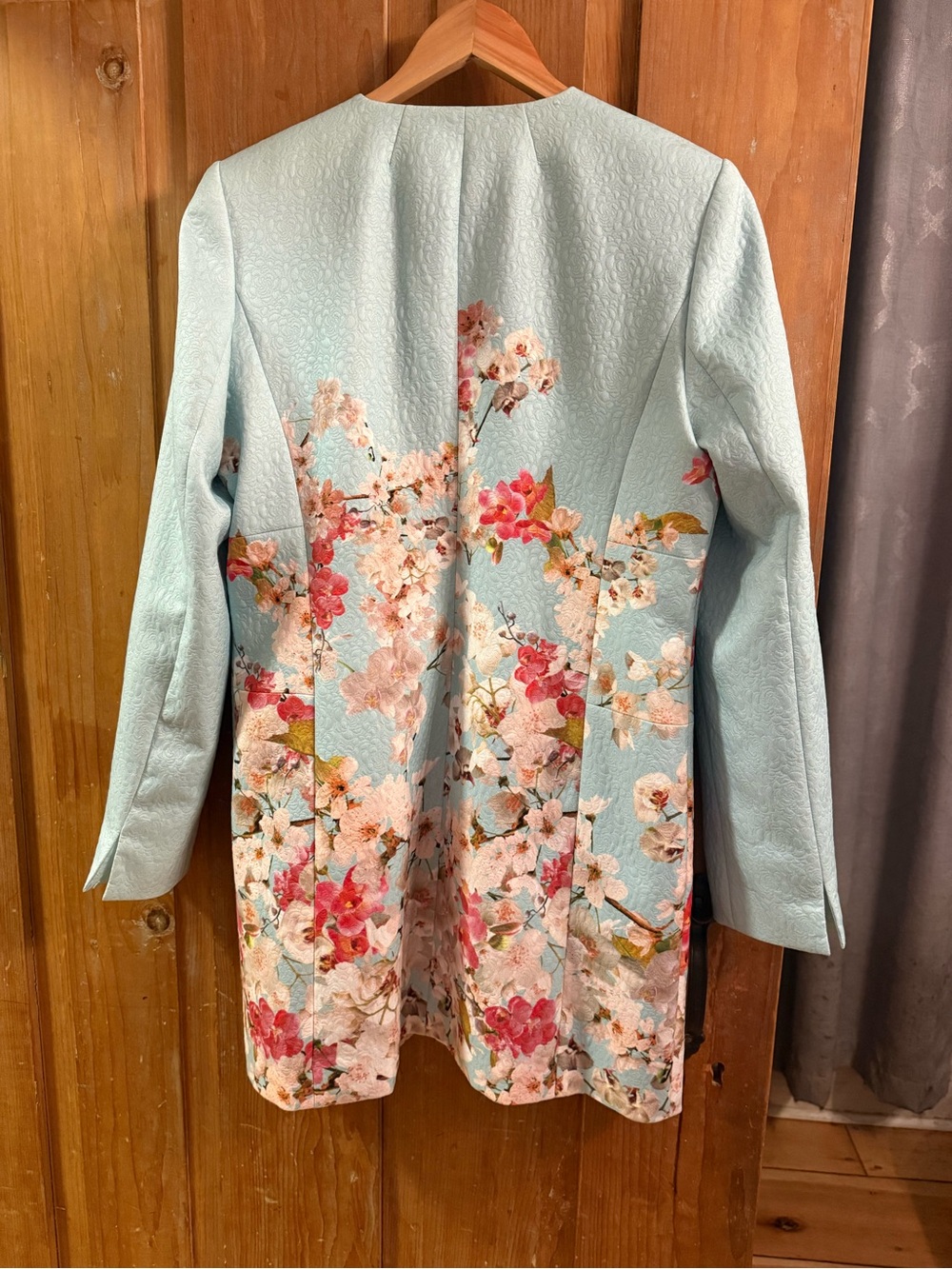 Light Blue Floral-Print Women's Trench Coat